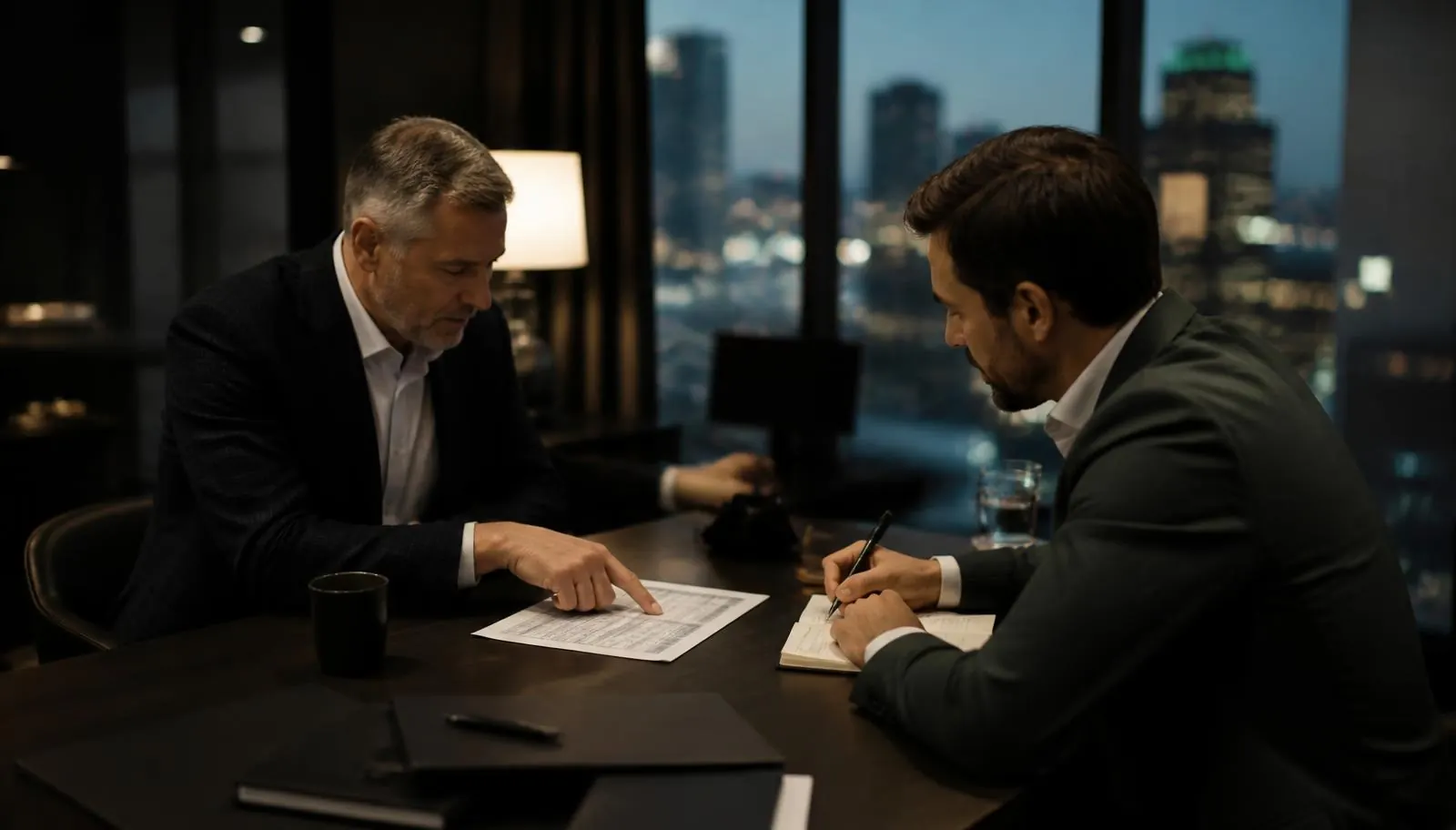 Two advisors reviewing cannabis financial documents together in a dark advisory office overlooking a city at dusk