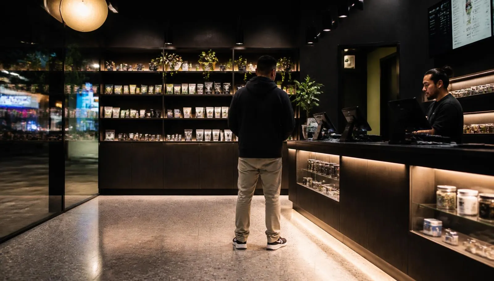 Modern licensed Illinois cannabis dispensary interior with dark wood and backlit display casework