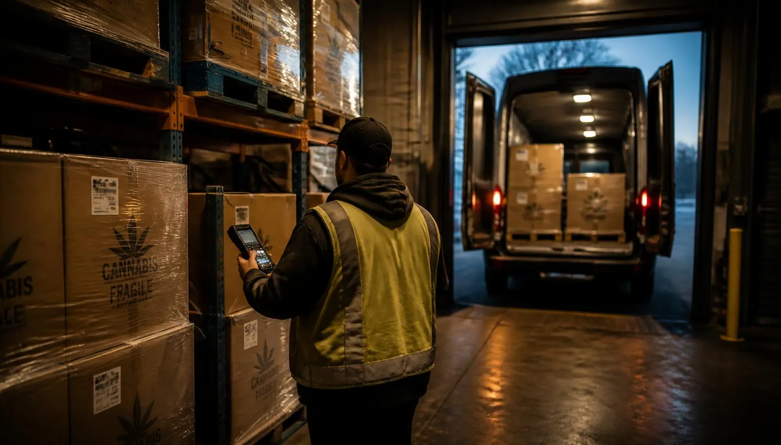 Illinois cannabis transport and wholesale warehouse with palletized inventory, secure racking and a loading bay