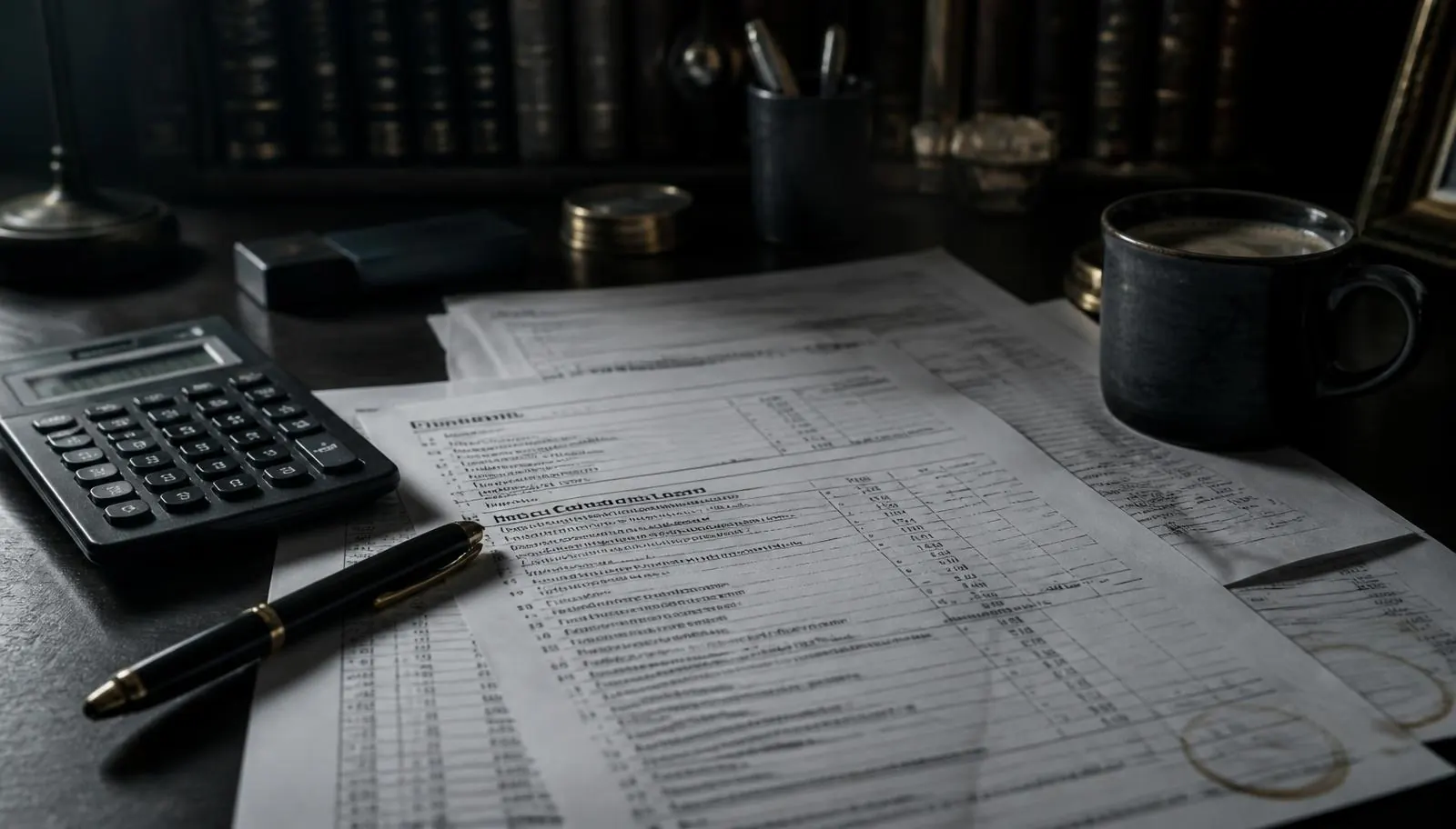 Printed cannabis financial statements, tax schedules and a calculator on an executive desk
