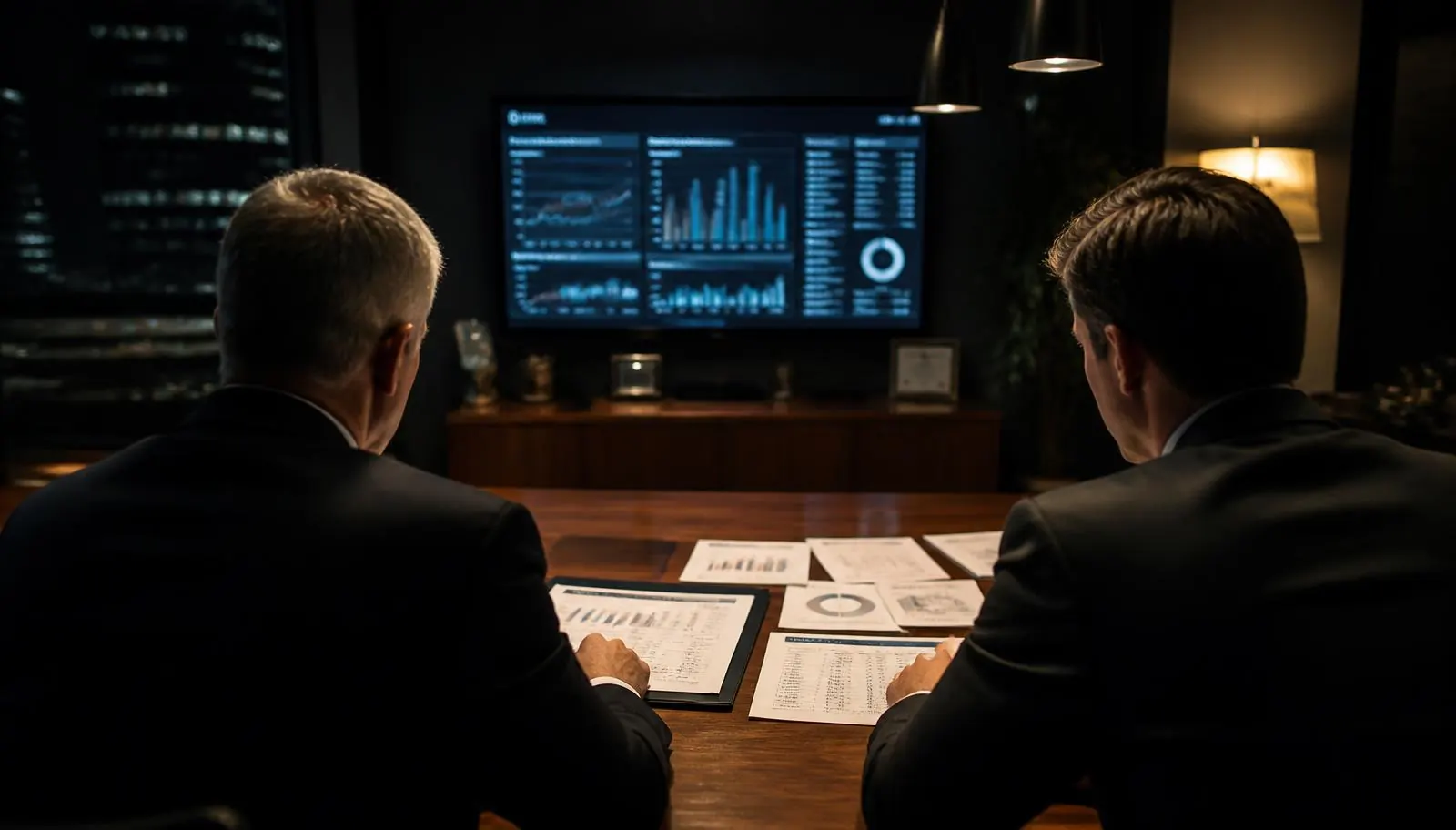 Cannabis accountants reviewing financial reports and margin analytics on screen in a dark executive office